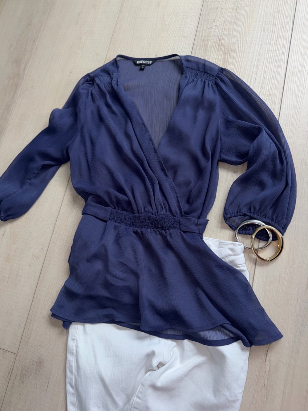 Express Blue/Periwinkle Sheer Wrap Blouse Size M Smocked Waist Tie | Peplum - Picture 3 of 7